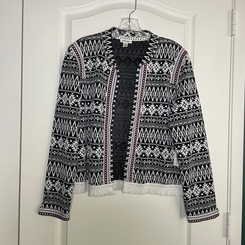 Tribal Jeans‎ Knit Jacket Open Front Fringe Trim Aztec Bohemian Medium